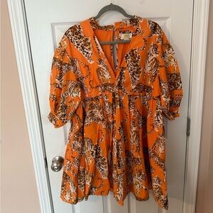 Maeve Orange and Brown Animal Print Mini Dress with Pockets